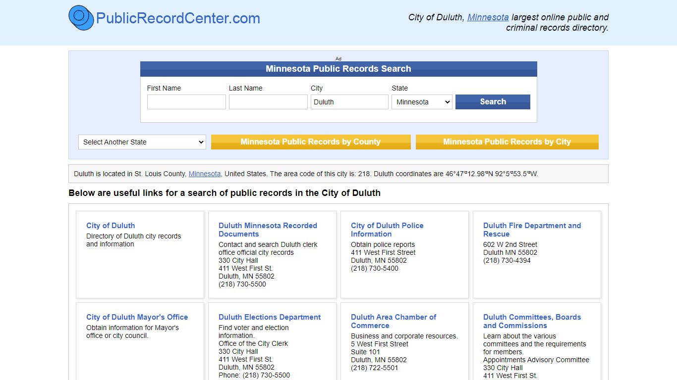 Duluth Minnesota Public Records and Criminal Background Searches